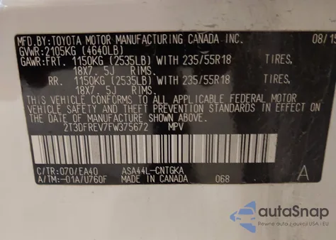 2015 Toyota Rav4 Limited из США, поврежденный, VIN 2T3DFREV7FW375672